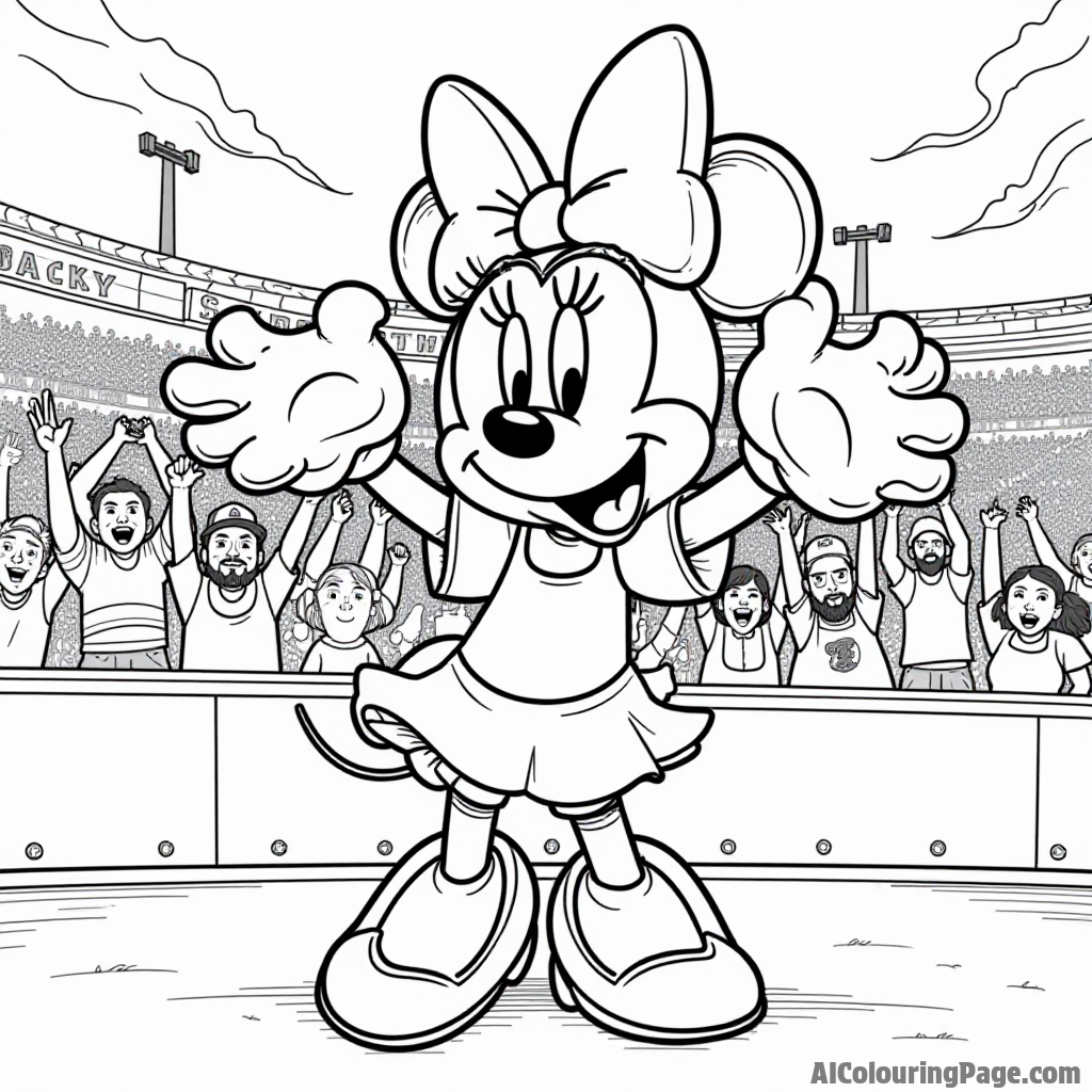 Minnie Mouse at a sports game, cheering with pom-poms, surrounded by excited fans wearing team colors and holding banners