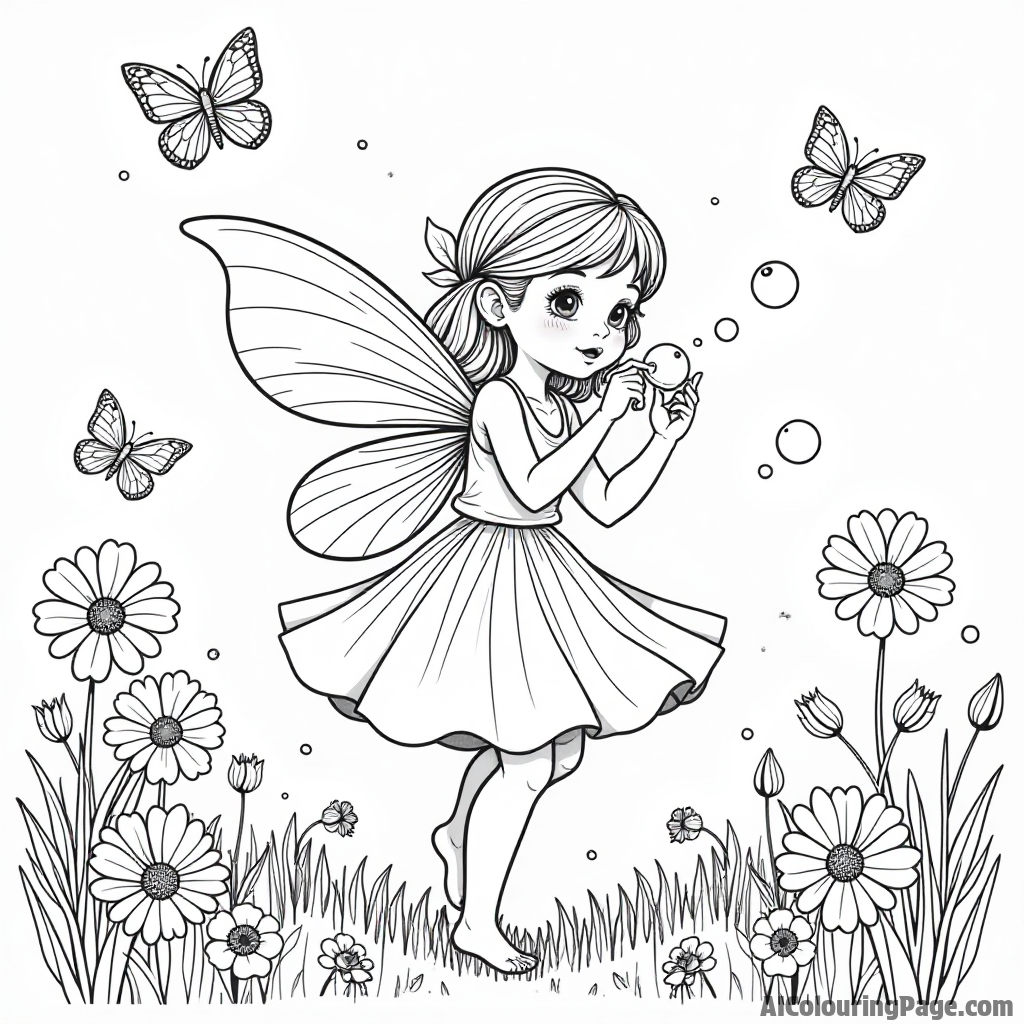 A fairy surrounded by butterflies and flowers while blowing bubbles in a sunny meadow