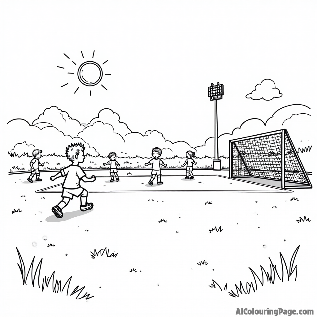 A soccer field with goalposts and flags, with kids warming up and stretching, a bright sun shining above, all designed in black and white for a fun coloring page.