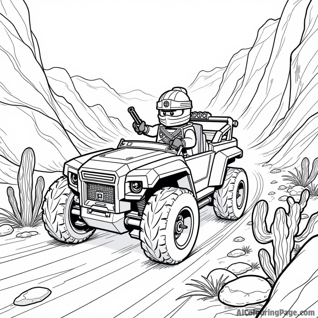 A Lego Ninjago vehicle racing through a canyon, with rocks and cacti around, emphasizing speed and adventure, perfect for an exciting coloring page for young artists to enjoy.