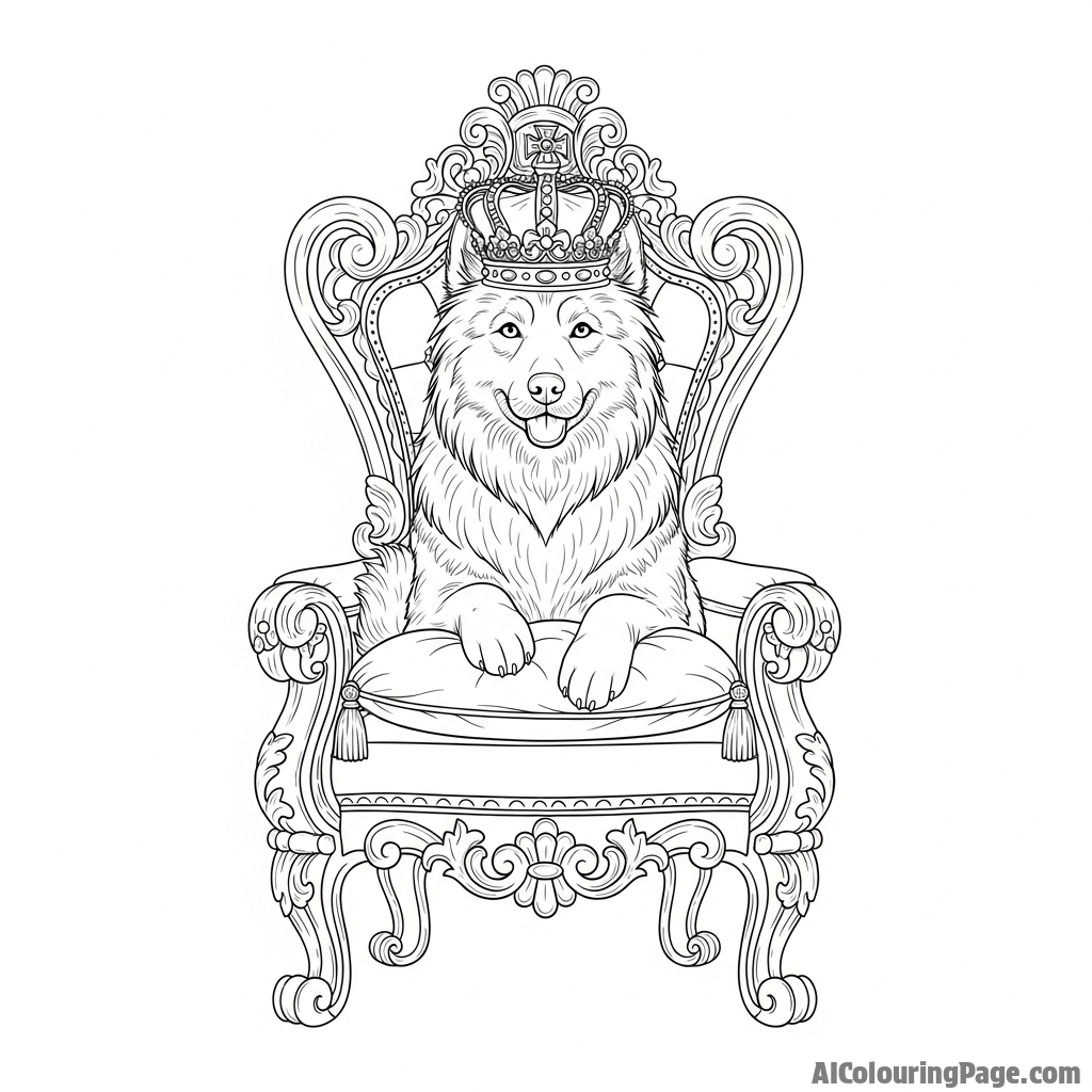 A dog sitting on a throne, wearing a crown.