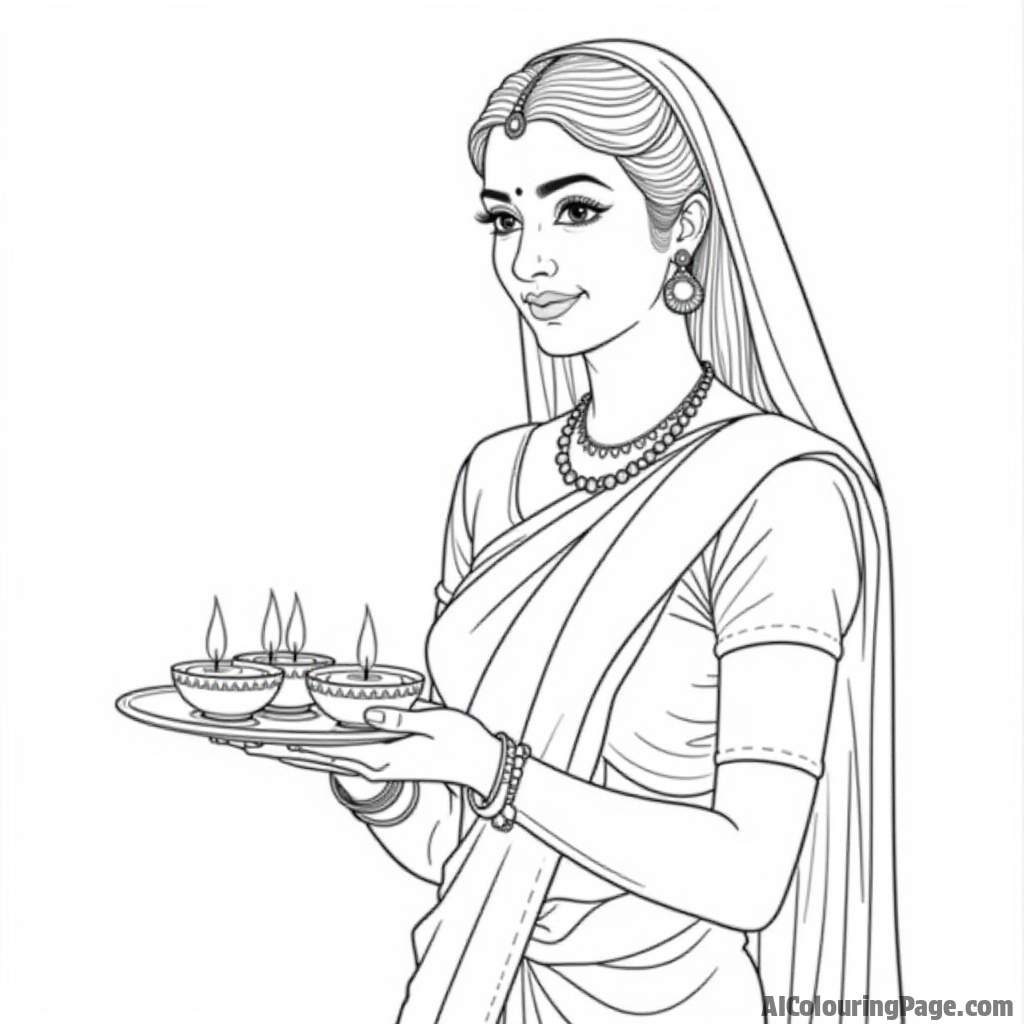 A traditional Indian woman wearing a beautiful saree, presenting a plate of sweets and diyas, radiating warmth and hospitality during Diwali festivities, suitable for Festivals and Traditions Coloring Sheets.