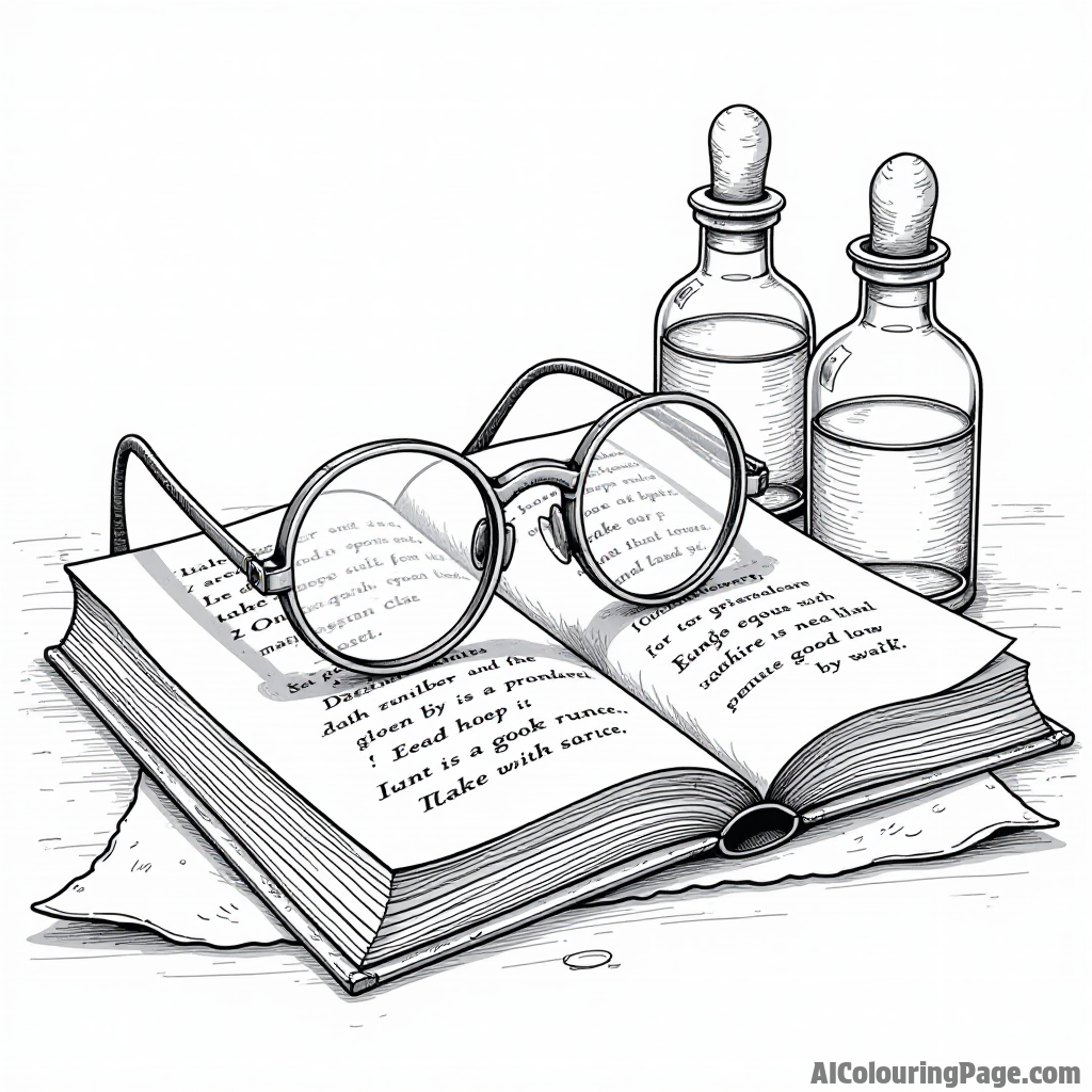 A pair of round glasses resting on an open book with ancient runes, surrounded by potion bottles and scrolls.