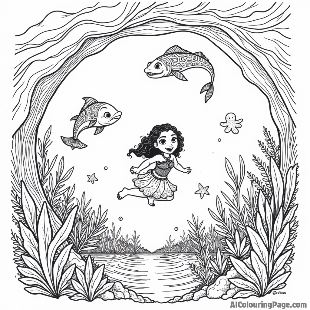 The ocean opening up to reveal mystical underwater creatures swimming around Moana as she dives into the water.