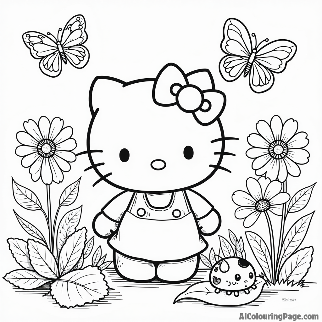 Hello Kitty visiting a butterfly garden with beautiful butterflies, flowers, and a friendly ladybug on a leaf