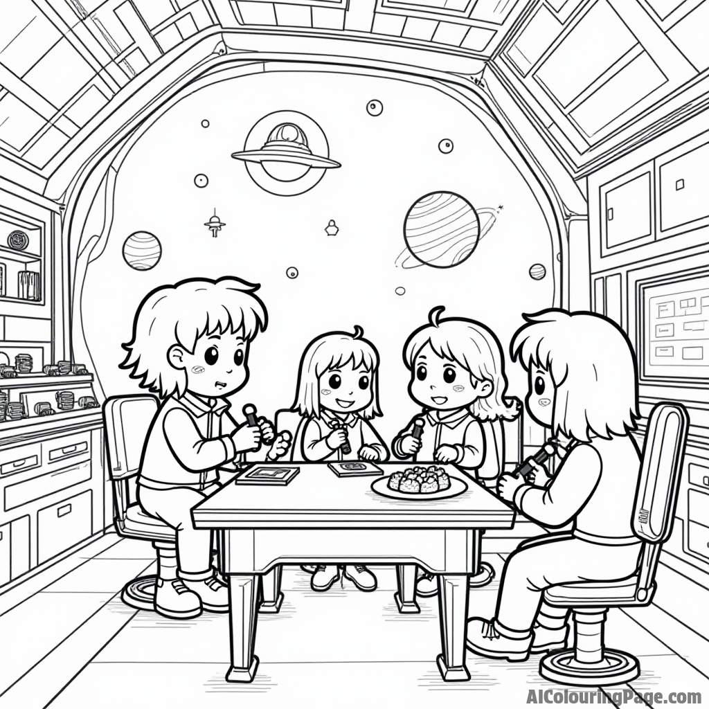 A space station bustling with activity, where characters work together on various fun projects and experiments.