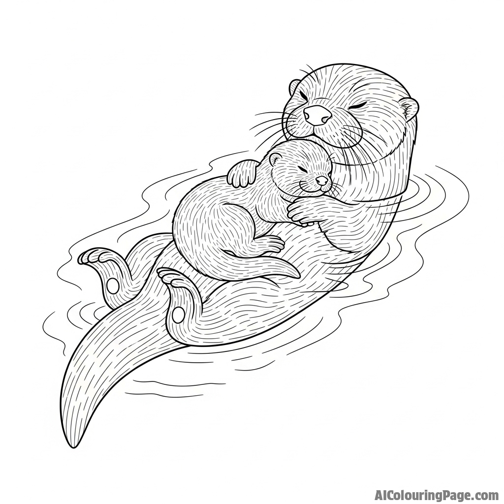 A mother otter with a fluffy pup resting on her stomach in the water.
