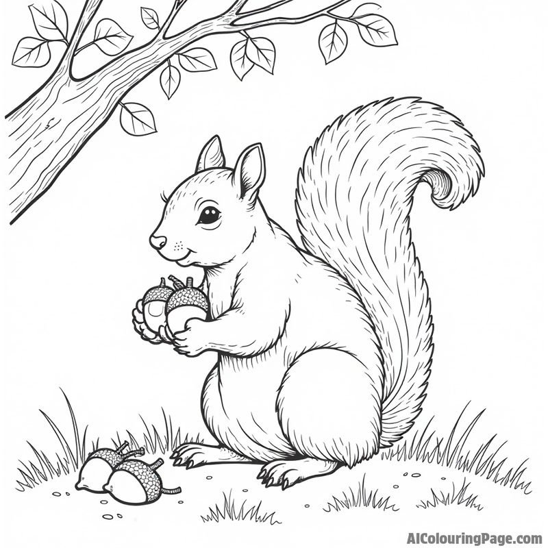 A squirrel gathering acorns in a tree