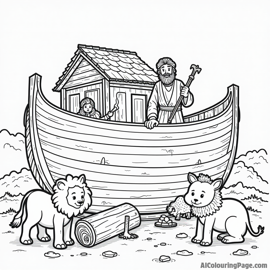 A scene of the ark being built, with Noah, his family, and animals helping out, surrounded by tools and wood.