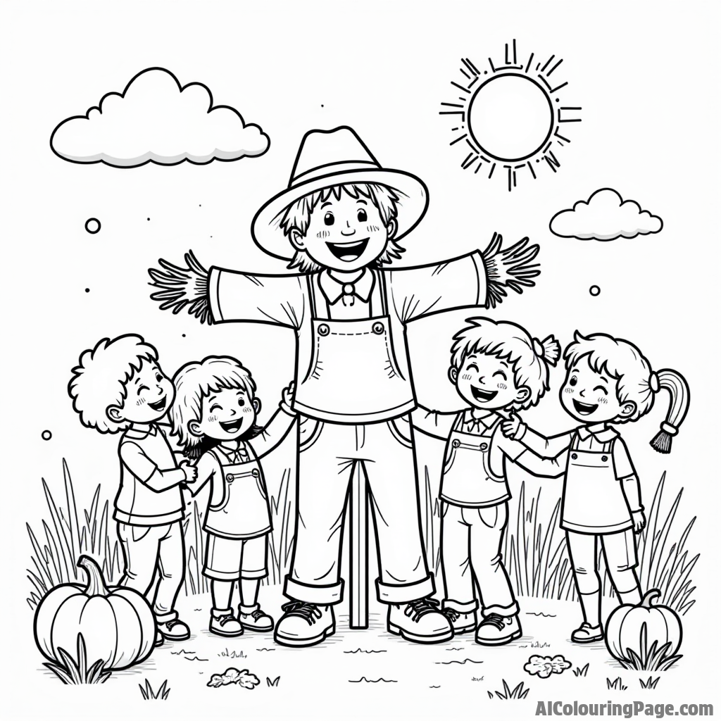 A group of happy children building a scarecrow in a field, with pumpkins and a bright sun shining overhead.