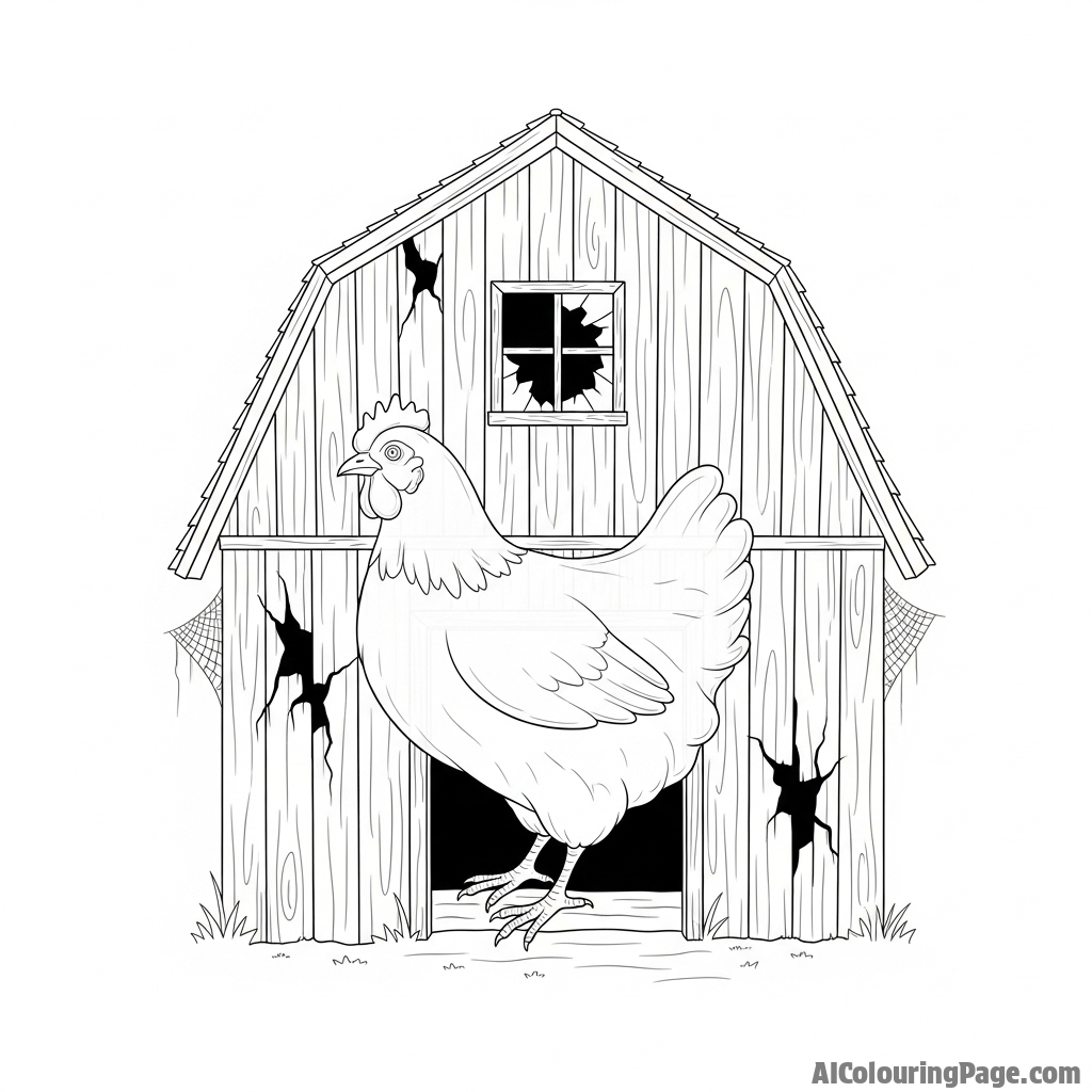 A ghostly, translucent chicken haunting an old barn.