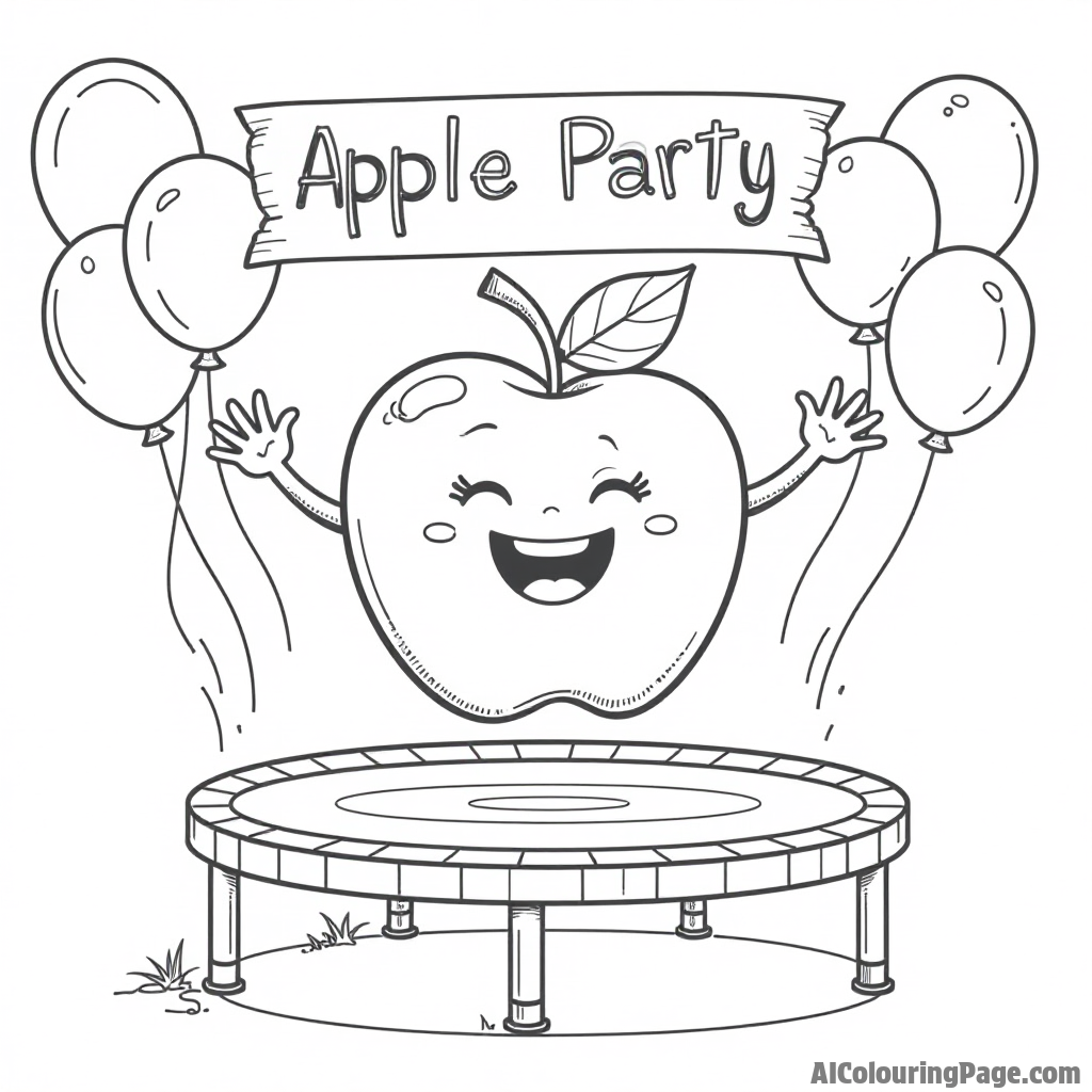 A playful apple bouncing on a trampoline, surrounded by colorful balloons and a banner that says "Apple Party".