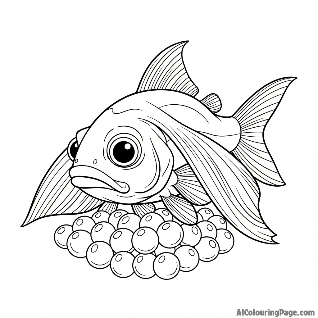 A mother fish guarding her nest of tiny, spherical eggs.