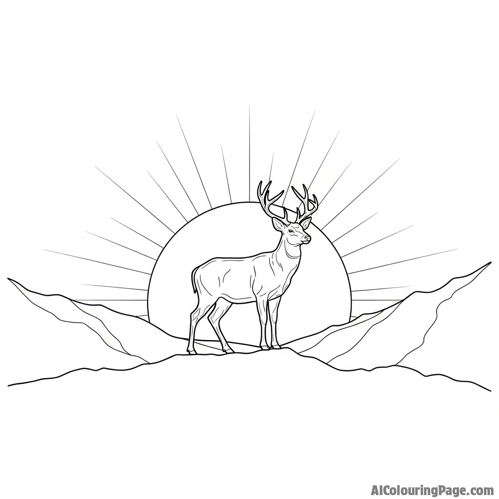 A silhouette of a deer standing on a ridge against the setting sun.