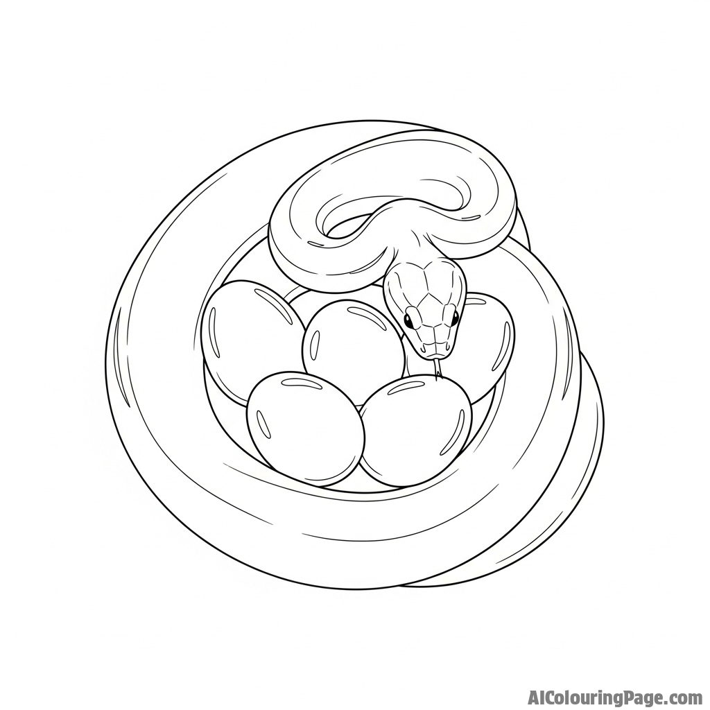 A snake coiled protectively around a clutch of smooth, glistening eggs.