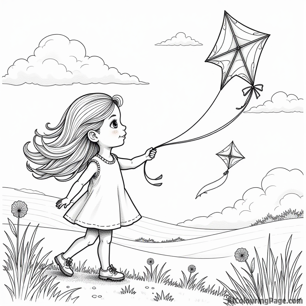 A doll flying a kite in a wide-open field, with colorful kites soaring high and fluffy clouds drifting by.