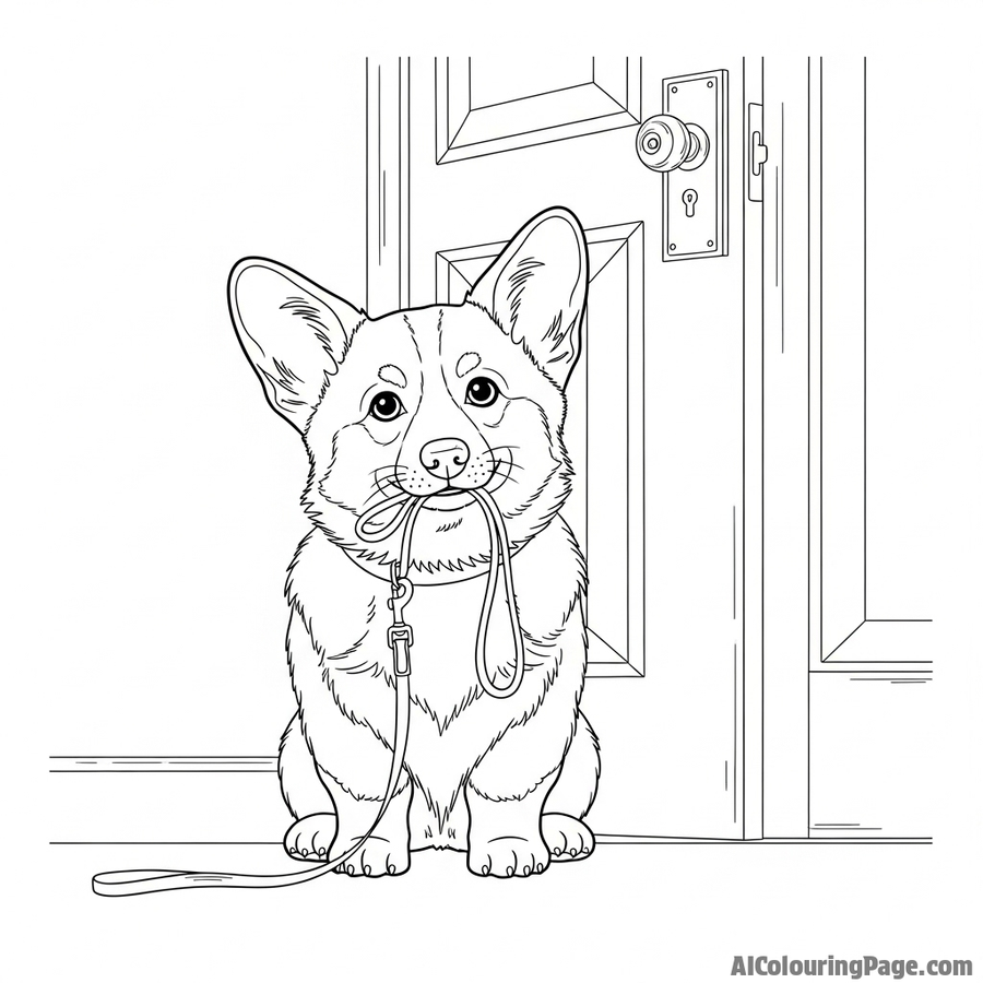 A corgi patiently waiting by the door, leash in its mouth.
