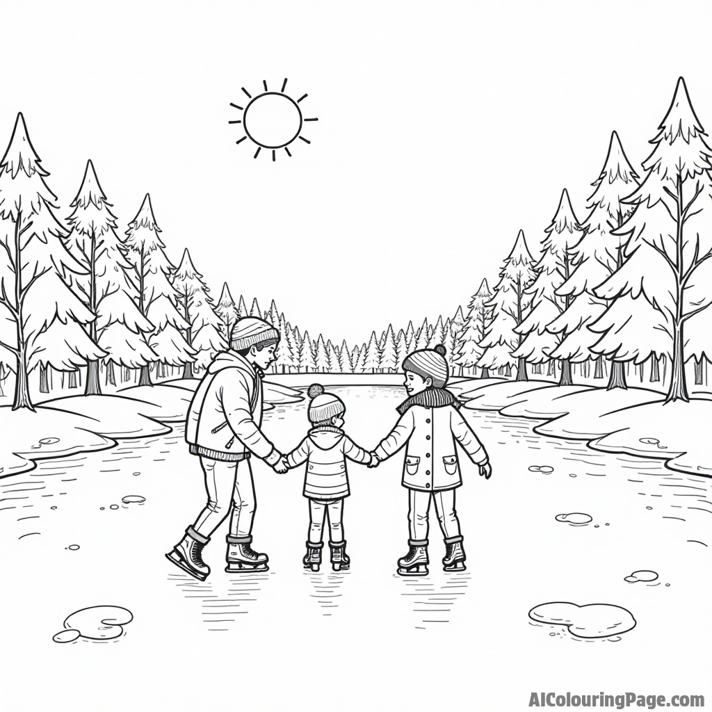 A family ice skating on a frozen pond with snow-covered trees lining the edges and a sun shining above.