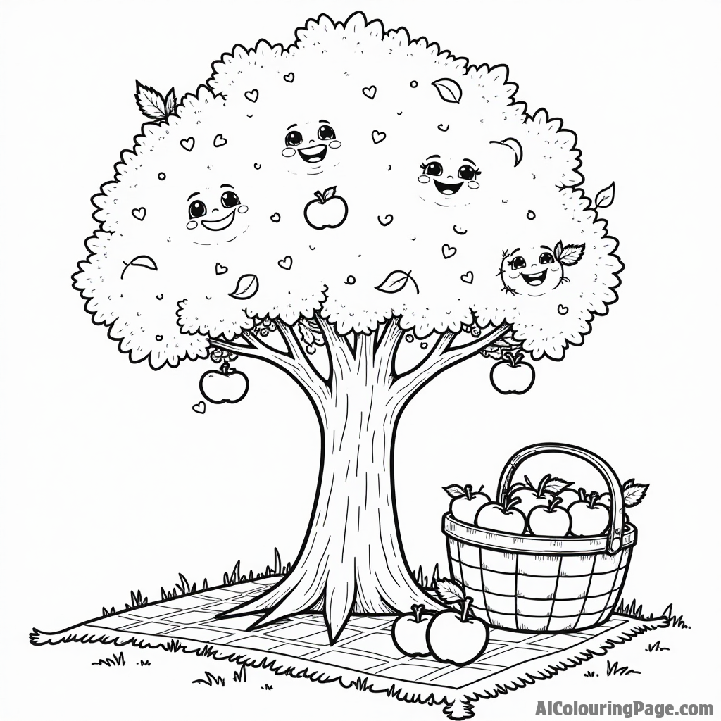 A whimsical apple tree with smiling apples, a picnic blanket, and a basket filled with freshly picked apples.