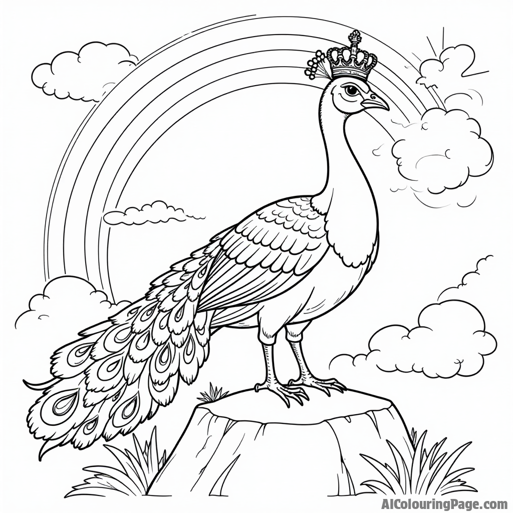 A peacock wearing a crown, standing proudly on a rock with a rainbow in the sky and clouds surrounding it