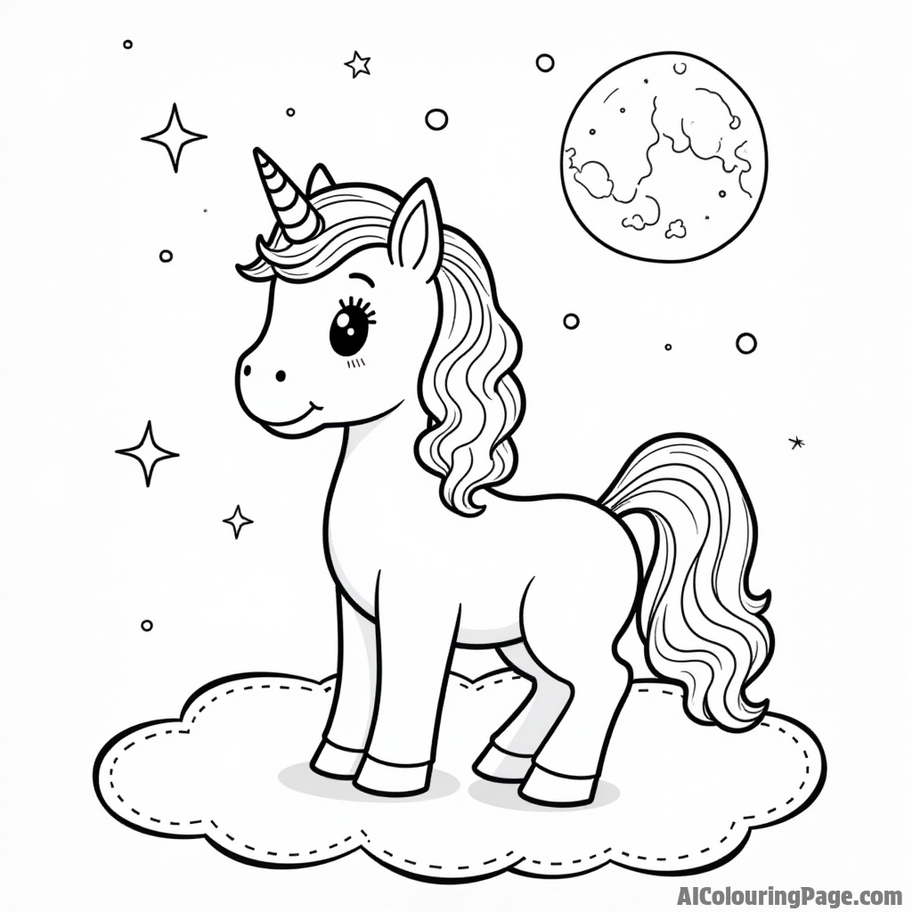 A pony sitting on a cloud with a starry night sky and a crescent moon twinkling above.