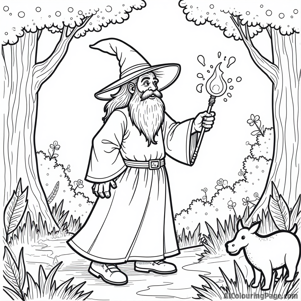 A wizard casting a spell with a glowing wand in a forest full of enchanting plants and whimsical creatures.