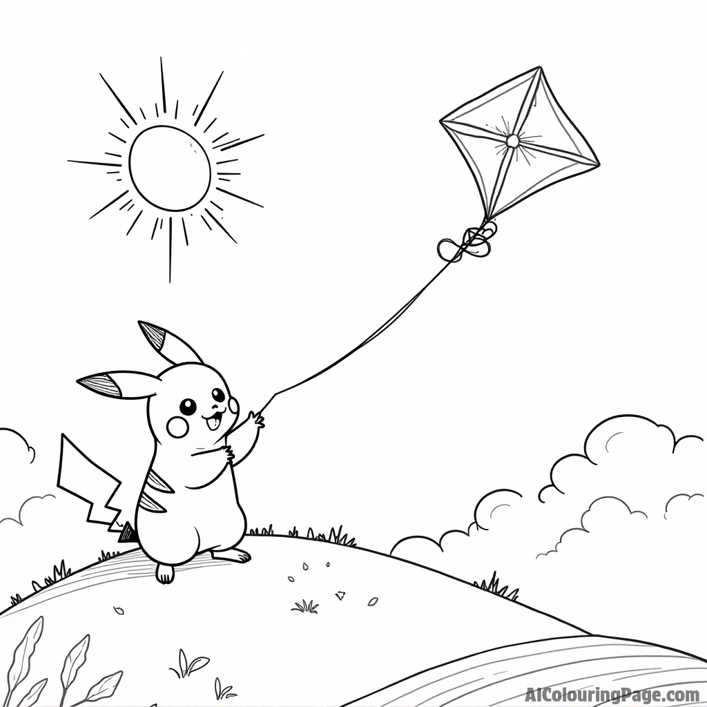 Pikachu flying a kite on a hill with fluffy clouds and a bright sun shining above