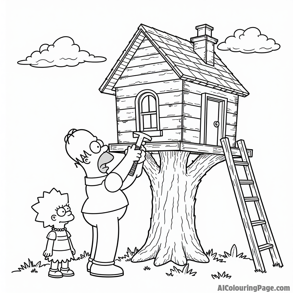 Homer Simpson building a treehouse with tools in hand, determined to create the ultimate play space for his kids.