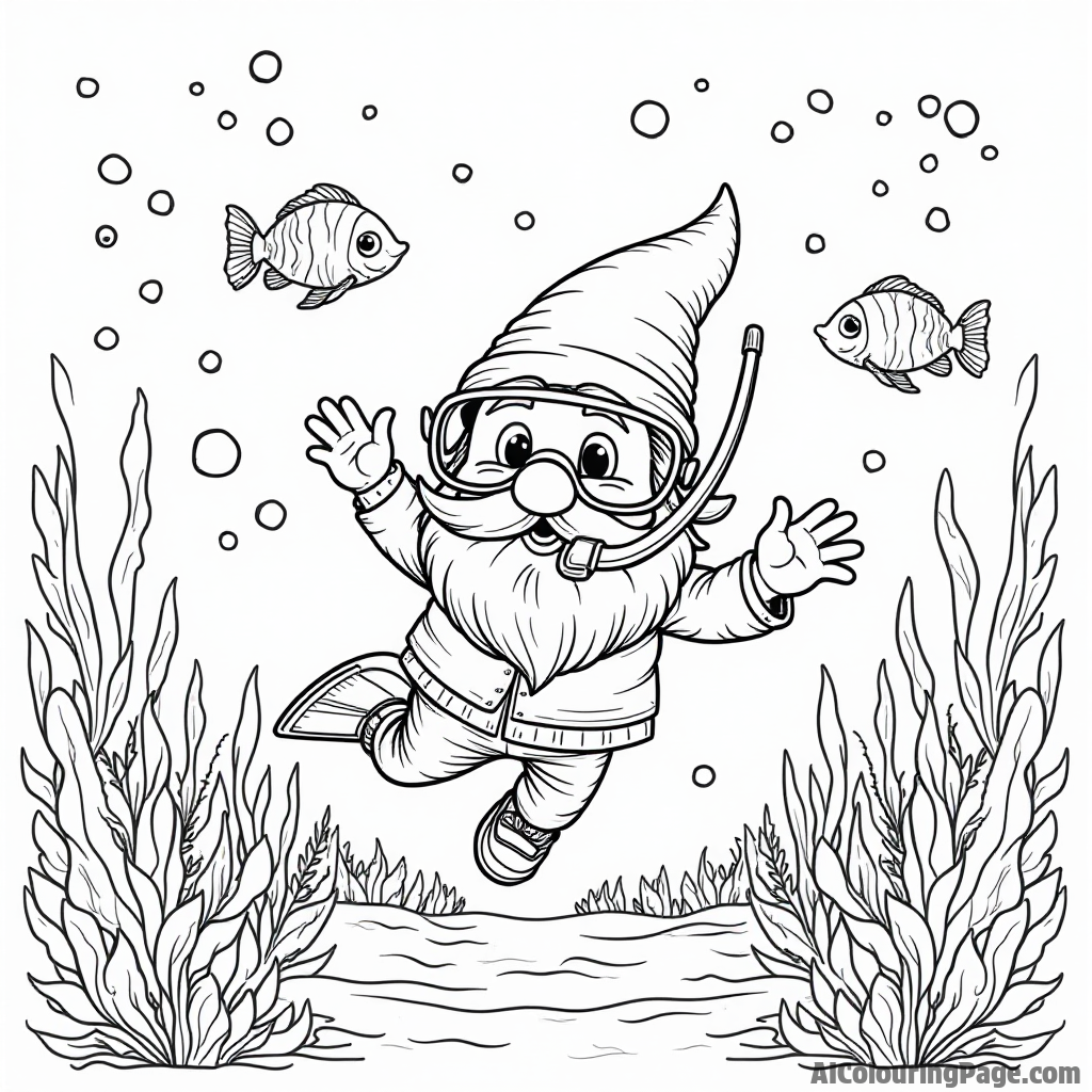 A gnome exploring underwater with a snorkel and flippers, surrounded by colorful fish and coral reefs in the ocean.