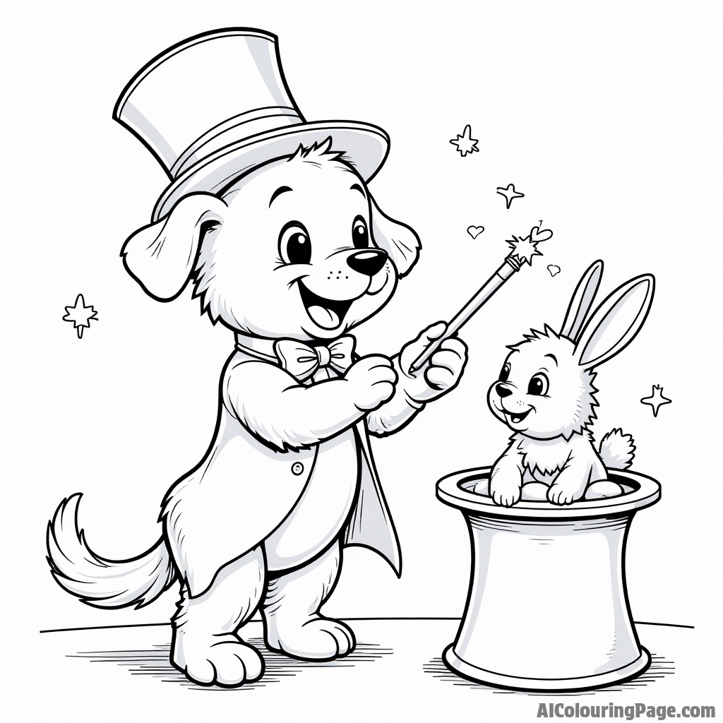 A puppy magician performing tricks on stage, with a top hat, wand, and colorful rabbit appearing from the hat.