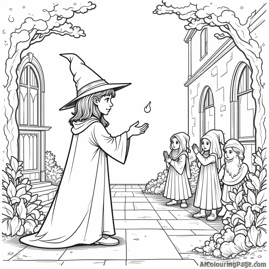 A young wizard practicing spells in a courtyard with enchanted statues and magical plants watching curiously.