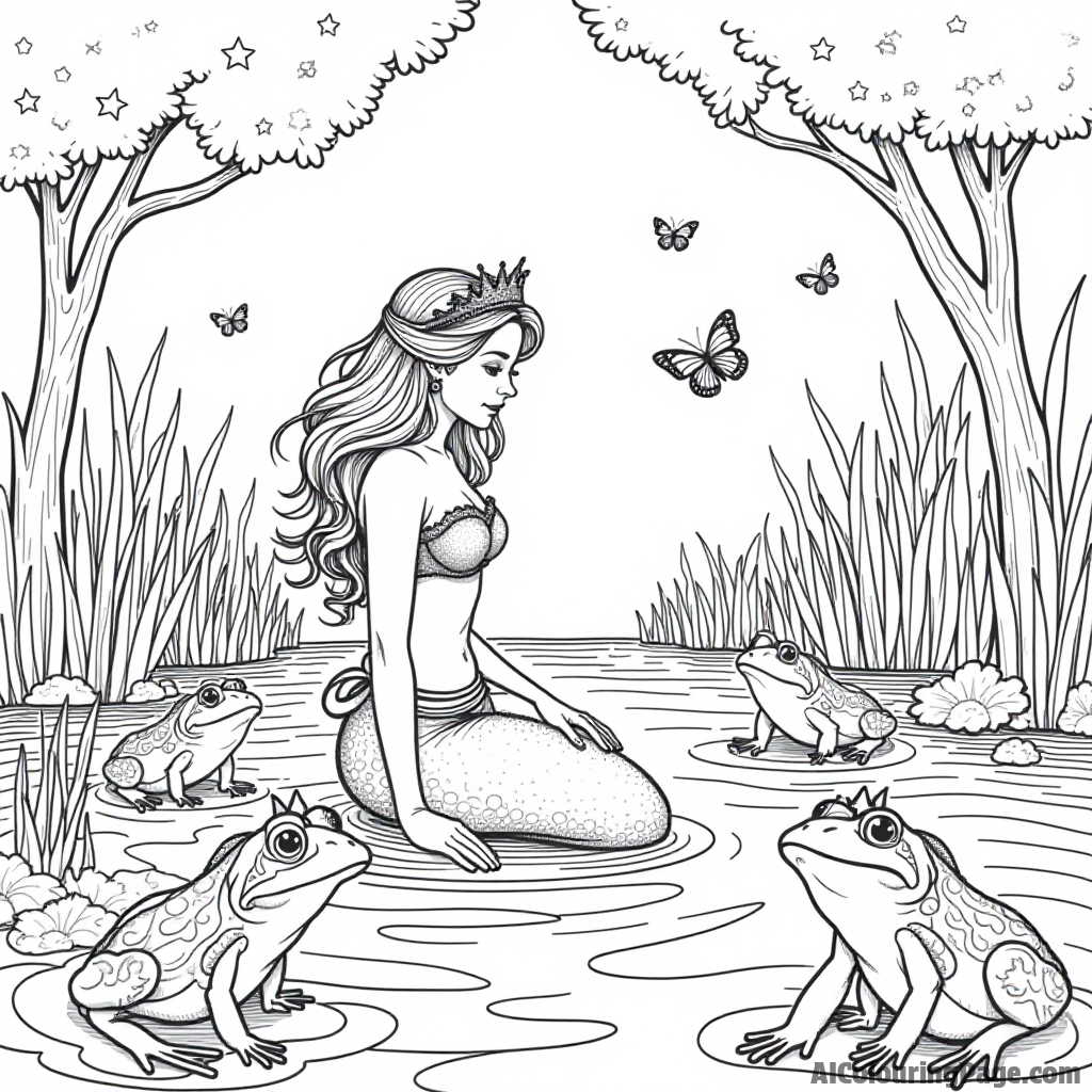 A mermaid exploring an enchanted lagoon, with frogs wearing crowns and fireflies illuminating the magical surroundings.