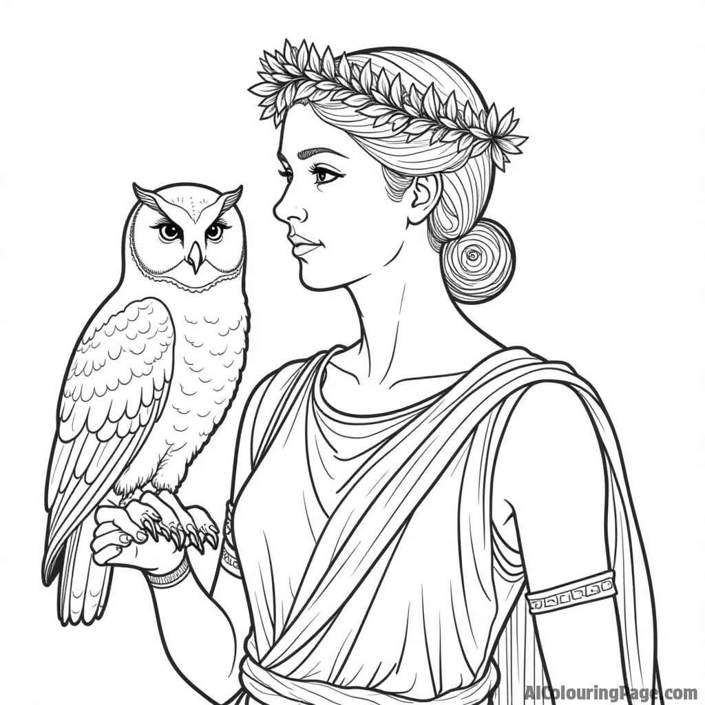 A Roman goddess of wisdom, Minerva, depicted with an owl and laurel wreath, symbolizing knowledge and strategy, creating an inspiring coloring page for young artists.