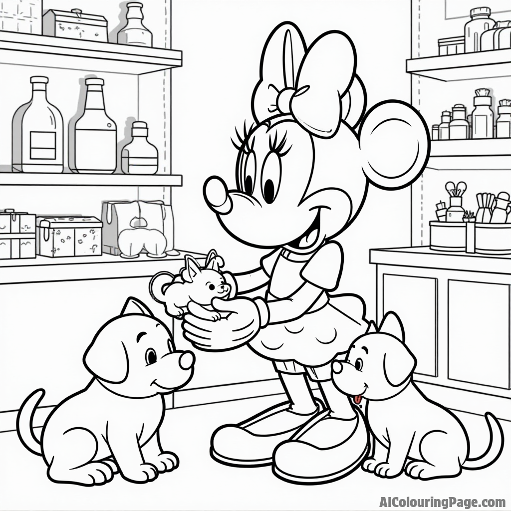 Minnie Mouse at a pet shop, playing with puppies and kittens, with colorful toys and pet supplies around her