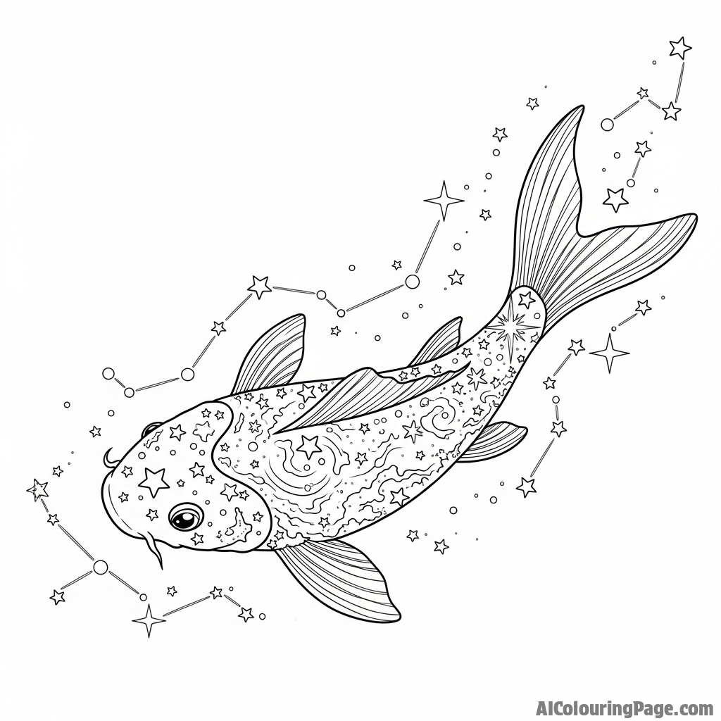 A celestial koi composed of stars and nebulae, swimming through the void of space.