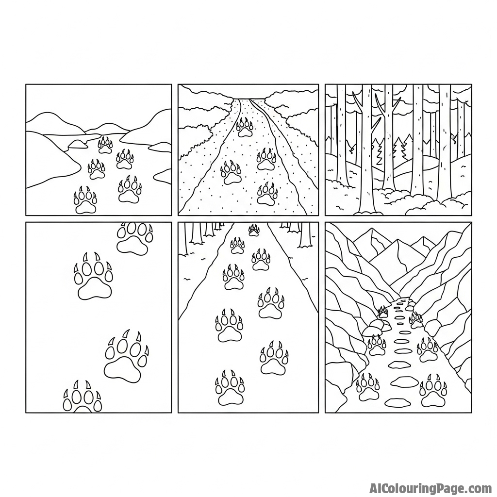 A bear’s journey depicted in a sequential art panel, showing its tracks through different terrains.