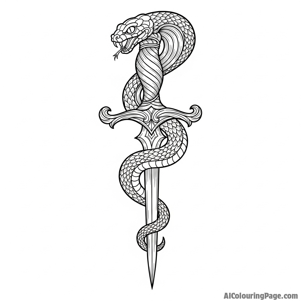 An ornate fantasy dagger where a serpent forms the hilt, its tail tapering into the blade.