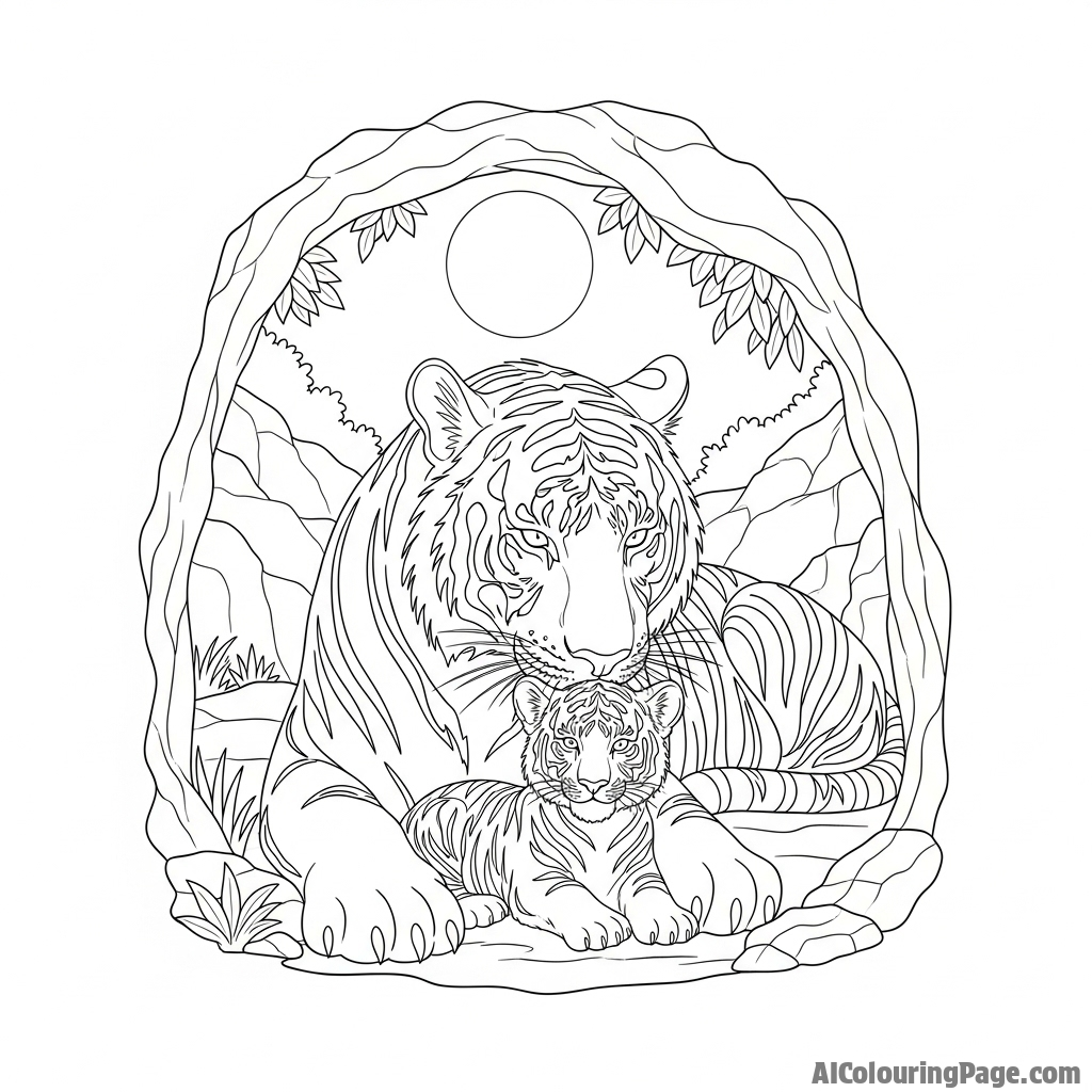 A mother tiger gently nuzzling her cub in a secluded, moonlit den.
