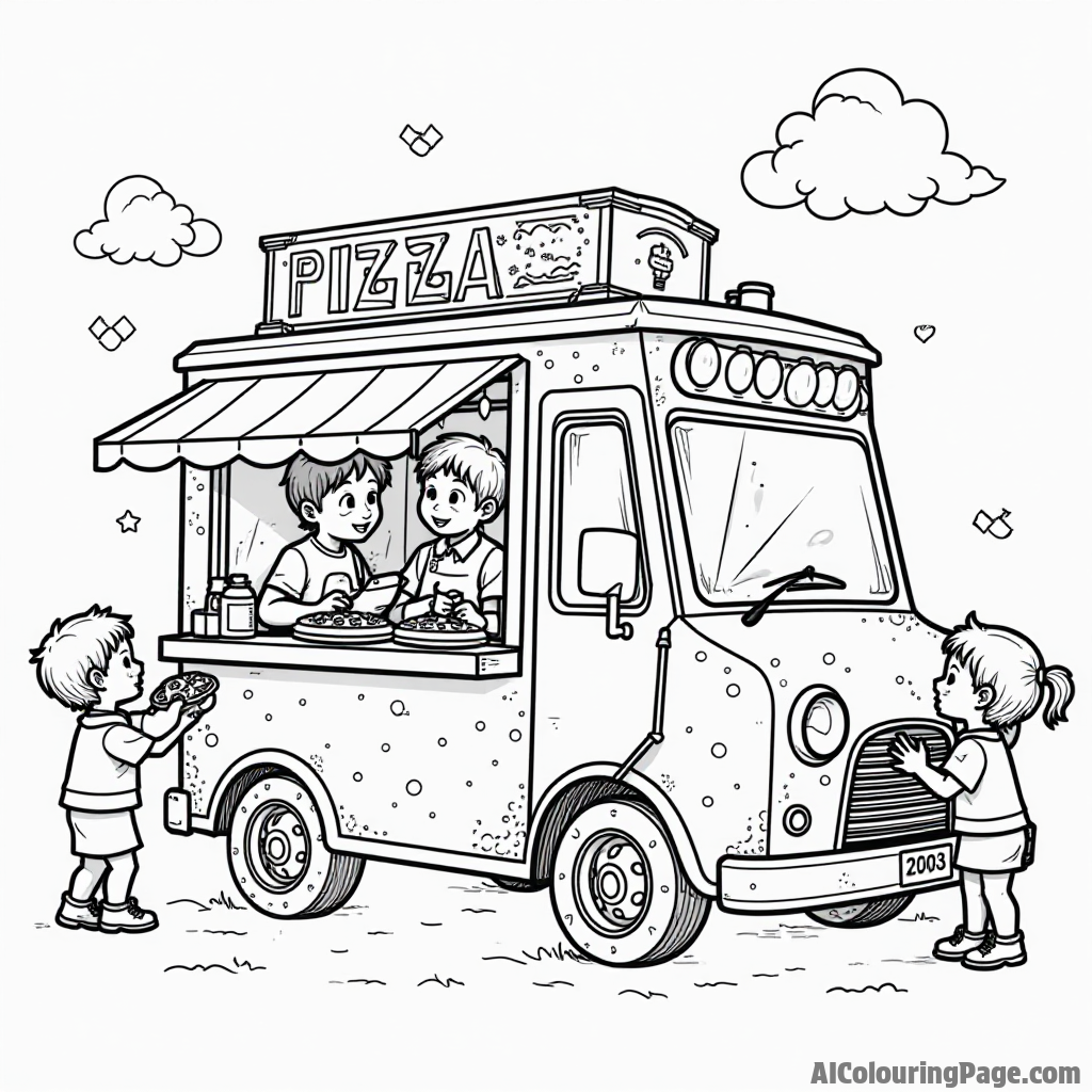 A whimsical pizza truck serving customers at a fair, decorated with colorful lights, with kids waiting excitedly for their pizza.