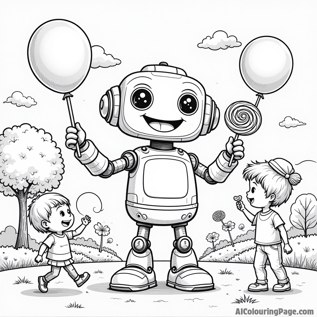 A friendly robot holding lollipops, surrounded by children playing, and colorful balloons floating in a bright, sunny park