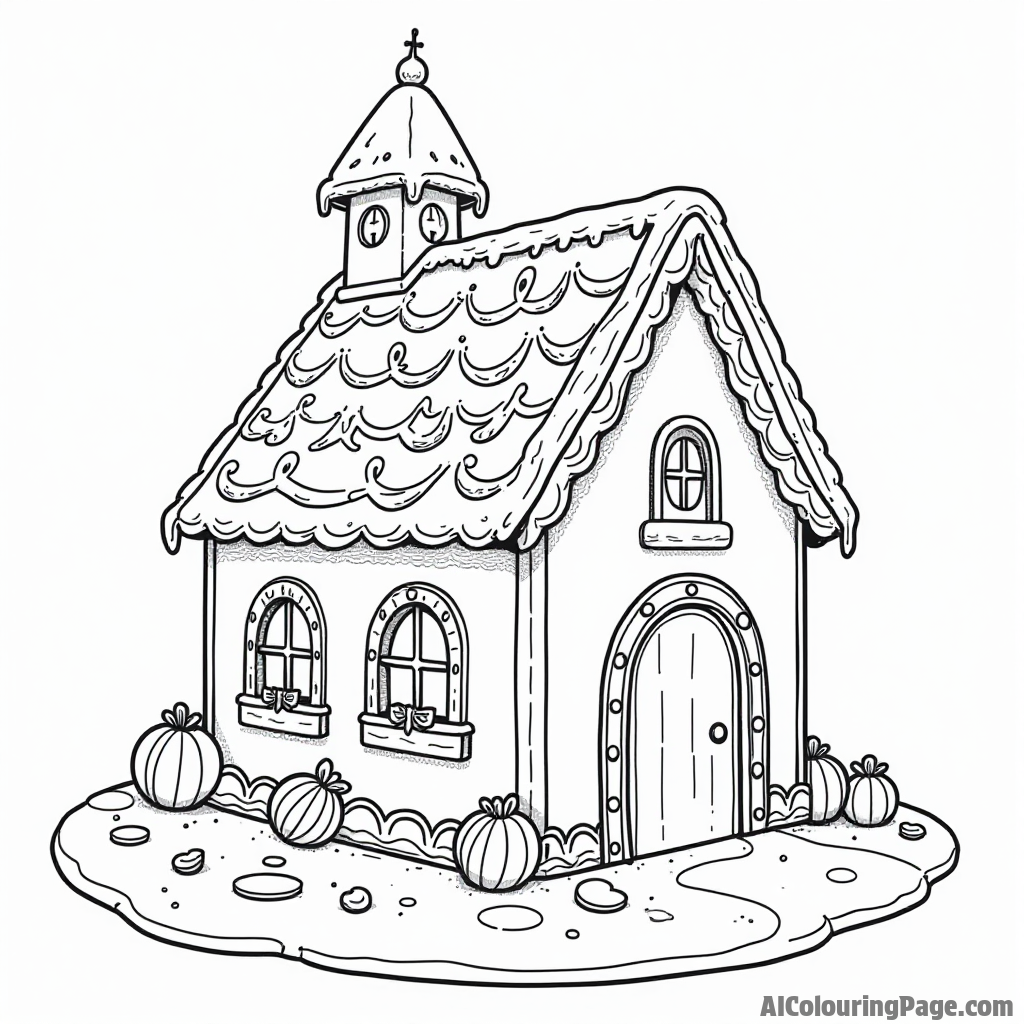 A whimsical church-shaped cookie house decorated with frosting, surrounded by colorful candies and a gingerbread path.