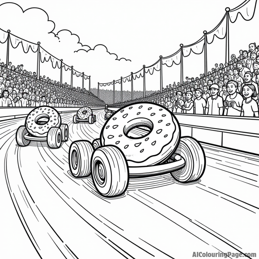 A fun donut race with animated donuts on wheels, cheering fans, and colorful flags lining the racetrack.