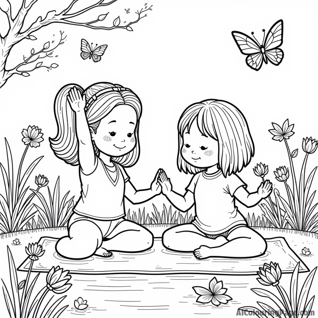 Peppermint Patty and Marcie practicing yoga in a peaceful garden with flowers, butterflies, and a serene pond