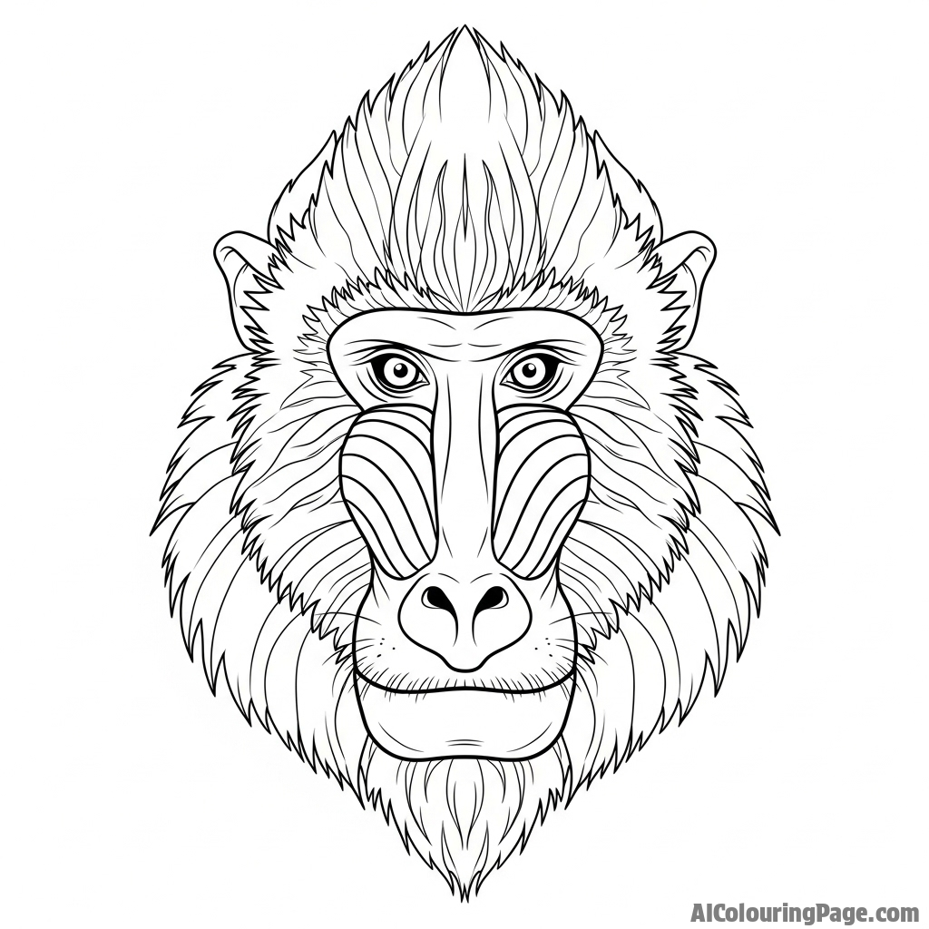 A portrait of a mandrill, focusing on the textures and patterns of its face.