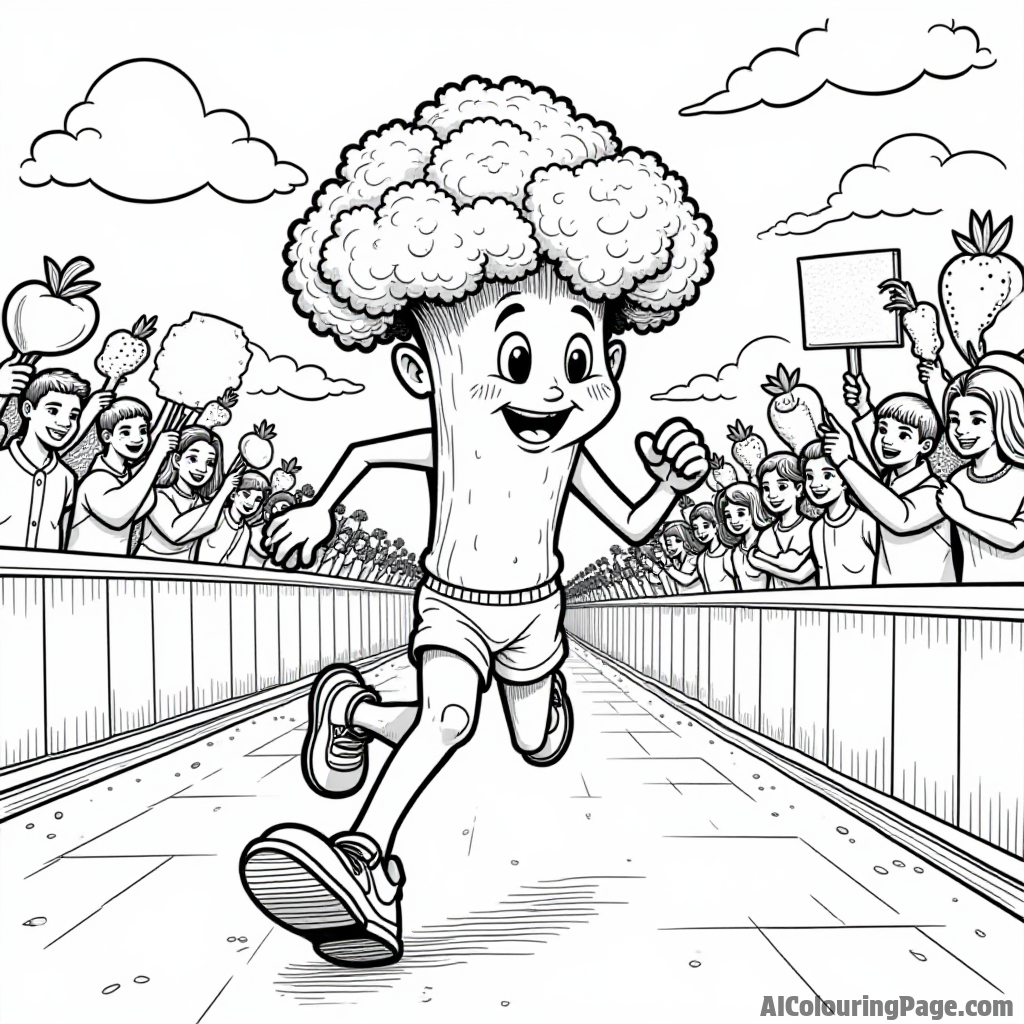 A broccoli athlete running in a vegetable-themed marathon, with cheering fans holding signs made of fruits and veggies.