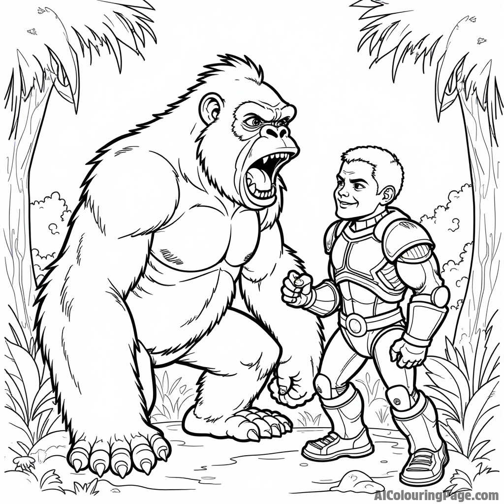 Beast Boy transforming into a playful gorilla, surrounded by jungle foliage, while Cyborg watches with a friendly smile nearby.