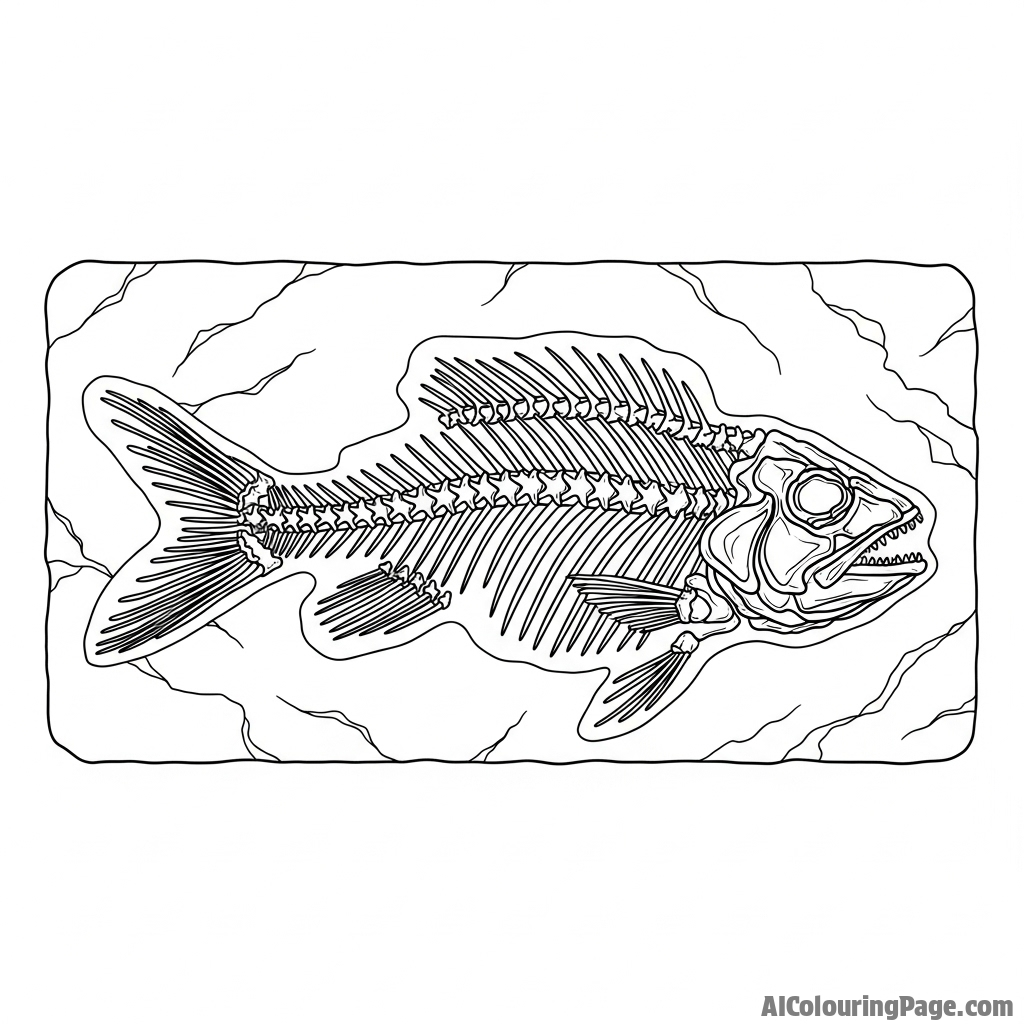 A skeleton of a prehistoric fish fossilized in stone.