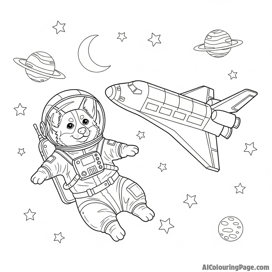 A corgi astronaut floating in zero gravity next to a space shuttle.