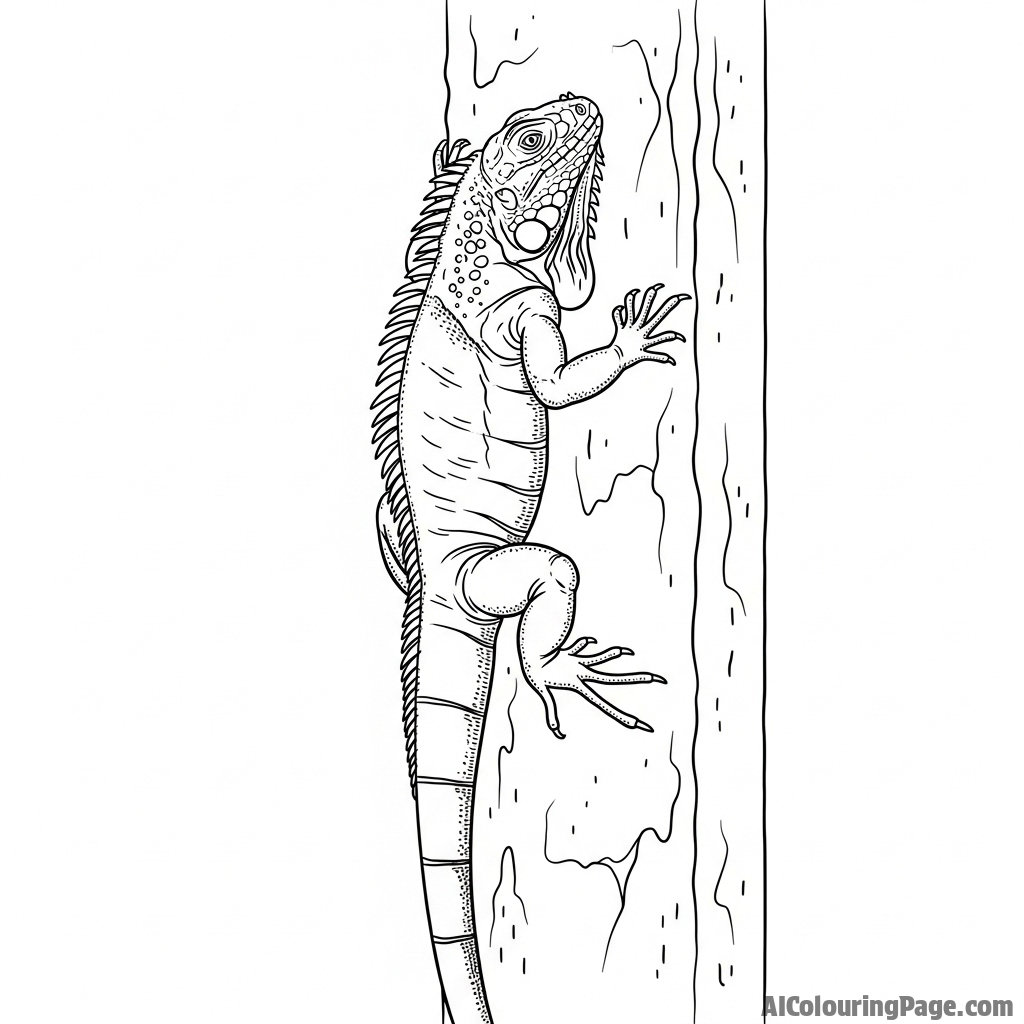 A photorealistic rendering of an iguana climbing a stucco wall.