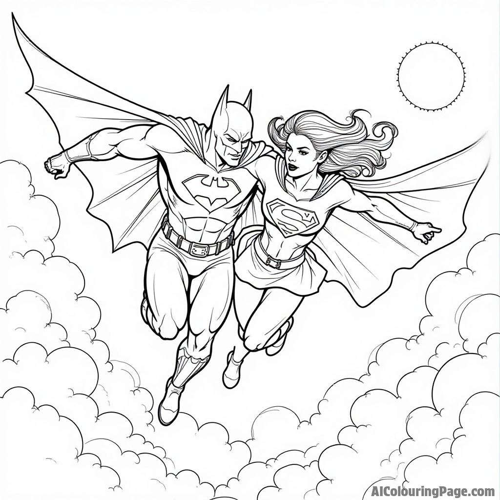 Batman and Supergirl flying together in the sky, with fluffy clouds and a bright sun shining down below.